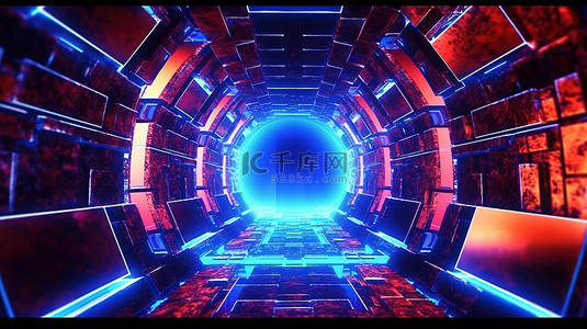 科幻宇宙中红蓝光抽象网络空间影院机器隧道的循环 3D 渲染