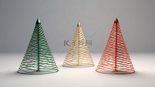 3D 渲染的圣诞树采用时尚的红米色和绿色金属线形状