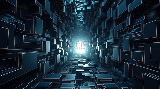科技感背景黑背景图片_未来隧道抽象 3D 渲染中的科幻管道和混沌立方体