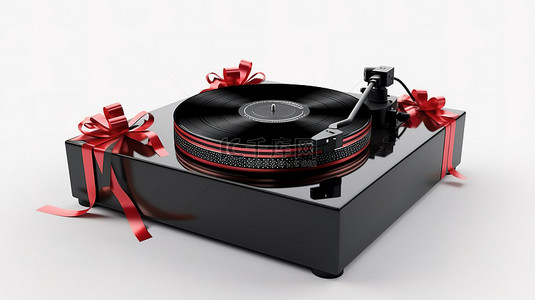 引人注目的红丝带礼品盒包含当代 dj 设置转盘混音器和更多白色背景 3D 渲染