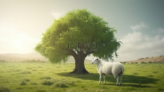 古尔邦节的概念：年轻的白羊在绿地上吃草，树上有 3D 渲染的雄伟树