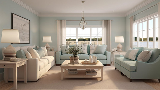 汉普顿风格客厅设计的家居室内柔和色彩 3D 渲染