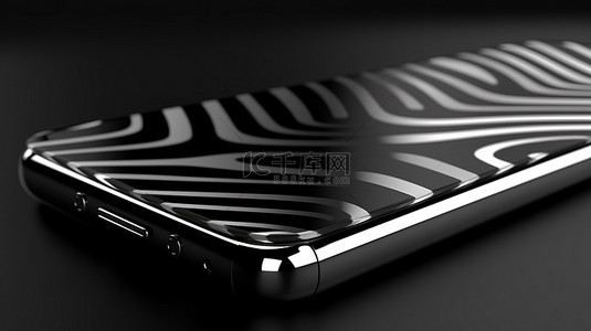 具有黑色和灰色条纹表面的铬手机的 3D 渲染