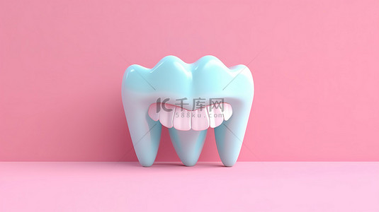 儿童医疗背景图片_3d 渲染插图粉色和蓝色柔和的背景与牙齿