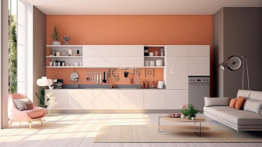 厨房橱柜和客厅家具的 3D 渲染，内部设计精美