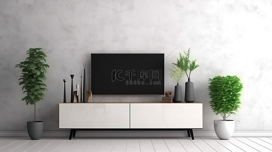 靠墙柜子背景图片_3D 渲染中的电视显示在白色柜子上，靠在空白墙上