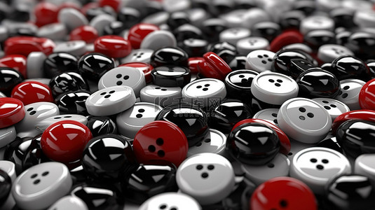 黑色和白色缝纫按钮背景与红色极端特写 3D 渲染