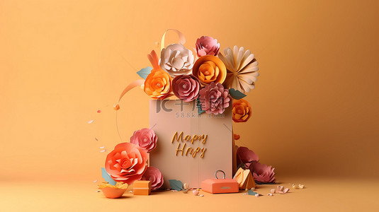 花卉花边框背景图片_带有 3D 装饰和文本空间的彩色母亲节卡片模板