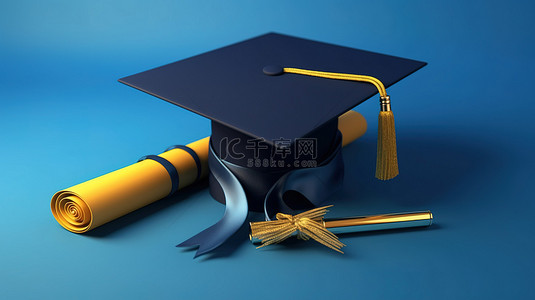 蓝色背景的 3d 渲染与毕业帽和文凭