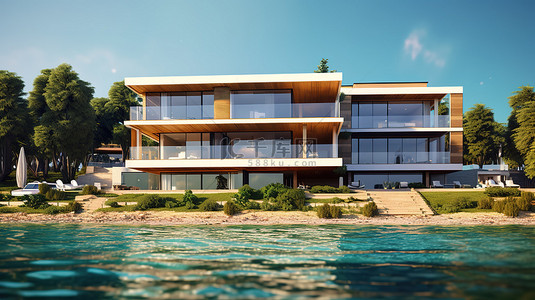 现代豪华住宅的海边 3D 动画，具有封闭的立面视图