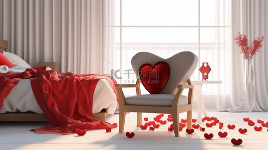 浪漫的情人节装饰红心装饰床，配有舒适的椅毯和枕头 3D 渲染