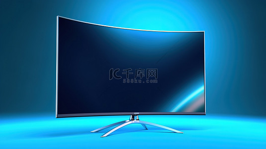 现代 LED 液晶电视展示在以 3D 数字渲染的生动蓝色背景上