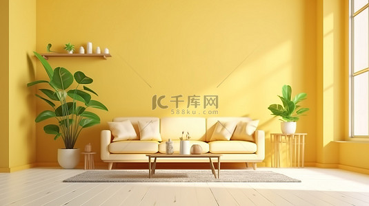 方案室内设计背景图片_现代客厅采用黄色配色方案，室内设计和建筑的 3D 渲染