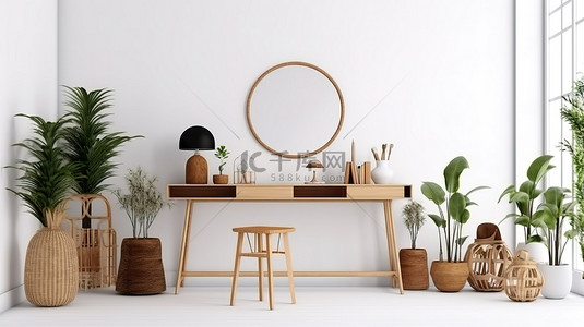 以别致的装饰和盆栽植物为背景的白色墙壁背景的家庭办公室的时尚 3D 渲染