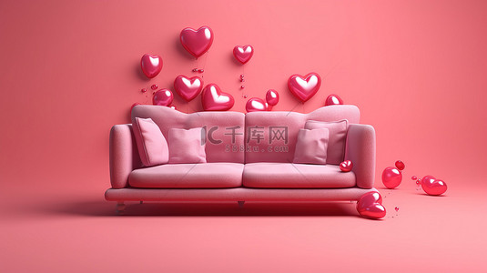 文字排版背景图片_3D 渲染的爱与感情场景情人节概念，以心爱文字和粉红色沙发为特色