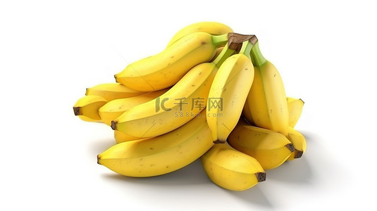 白色背景上一堆黄色成熟香蕉的渲染 3D 图像