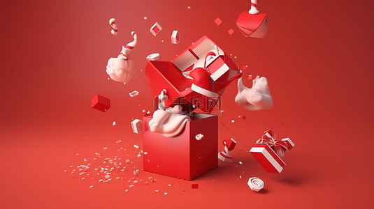 逼真的 3D 圣诞老人角色，带有掉落的礼品盒，圣诞节和新年背景