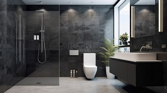 干净玻璃背景图片_现代室内配有玻璃淋浴和卫生间豪华黑色大理石墙砖 3D 渲染
