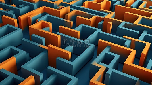 创意橙色背景图片_充满活力的 3D 渲染抽象迷宫艺术品，在蓝色墙壁上呈现橙色色调