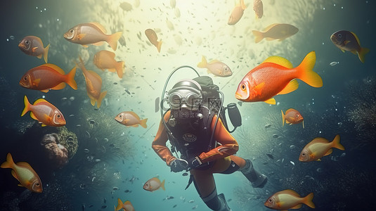 海洋探险家与 3D 渲染中的水下生物
