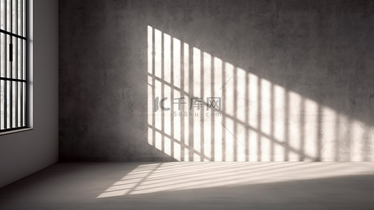 明亮的监狱牢房，带有模糊的字幕，透过 3D 创建的铁栅栏窗户凝视
