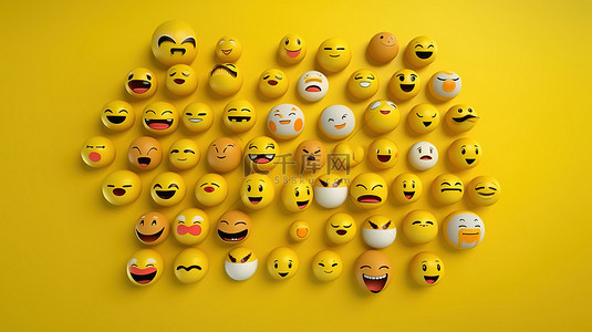 具有各种面孔和表情的 emoji 表情符号字符的 3D 渲染