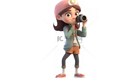 商务人物卡通背景图片_卡通女摄影师拿着相机并在 3D 插图中拍摄照片