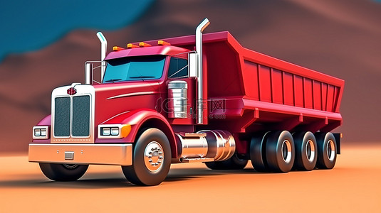 驾驶汽车背景图片_宽敞的美国红色卡车的 3D 插图，配有货运拖车和自卸卡车功能，可实现高效运输