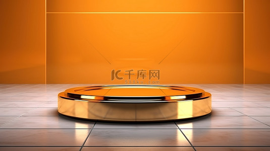 橙色建筑背景图片_现代建筑背景的 3D 渲染，带有橙色金色讲台，用于产品植入