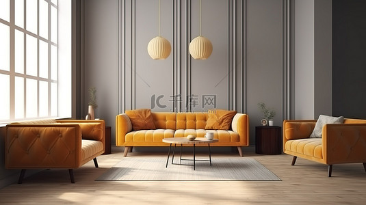 居中背景图片_3D 渲染家居中的多人沙发装饰