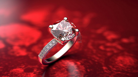 白色背景下充满活力的翡翠红色水晶上令人惊叹的钻石戒指的 3D 渲染