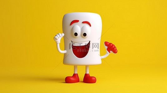 黄色背景的 3D 渲染，其吉祥物有白牙和红色