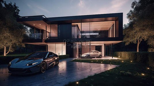 宏伟的现代住宅享受 3D 渲染中豪华无品牌汽车的陪伴