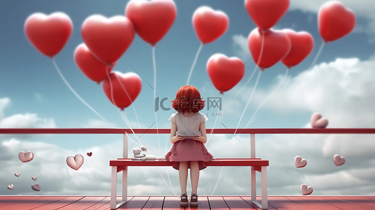 情侣爱心气球背景图片_可爱的年轻女子迷恋长凳上 3D 渲染中描绘的心形气球