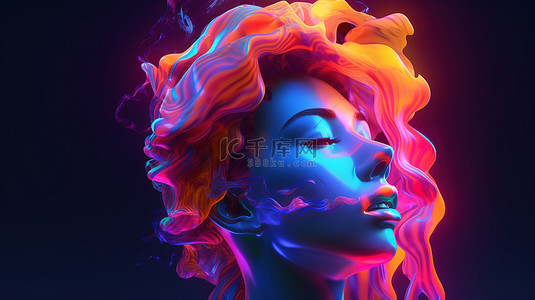 数字 3D 形象插图在肖像描绘中展示了充满活力的霓虹灯颜色和未来派流体形状