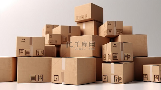 运输包装背景图片_白色背景上的棕色纸箱包装 3D 渲染的交付包裹箱和纸板货物