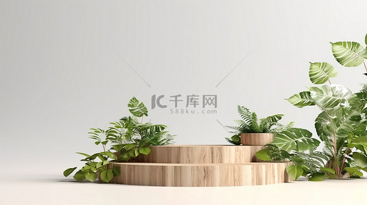 木制产品展示台与白色背景 3D 渲染图像上的自然接触