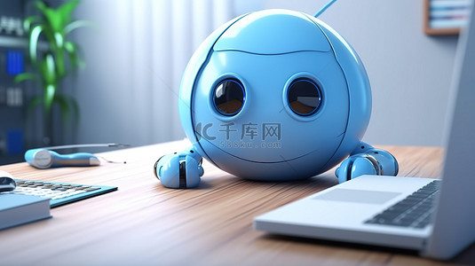 插图：一个可爱的机器人在自动化环境中协助办公室工作人员使用电脑笔记本