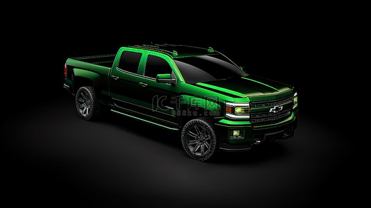 黑色背景与绿色皮卡车的 3d 渲染