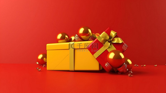 黄色新年快乐背景图片_带有黄色新年快乐文本和红色圣诞背景的节日新年礼品卡的 3D 渲染