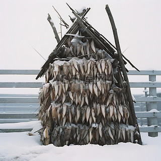 雪背景图片_一个木结构，一些鱼在雪中闲逛