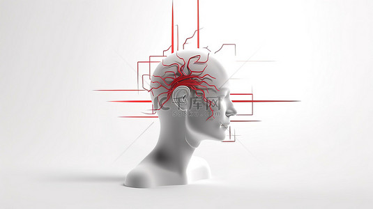 红色心脏和脉冲的白色抽象头部轮廓的 3D 渲染象征着心理健康概念