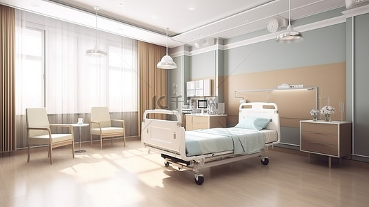 药物治疗背景图片_医院住院室配有床和设施，康复空间的 3D 渲染