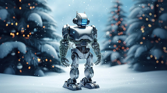 3D 渲染的圣诞树与机器人