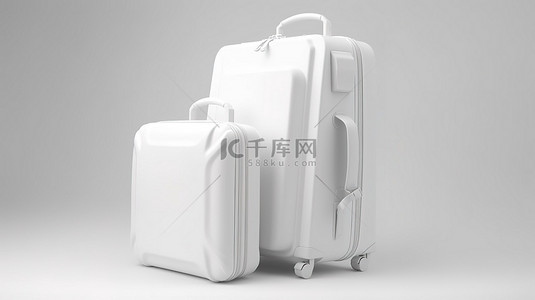 白色行李箱和旅游背包在白色背景上的 3d 渲染