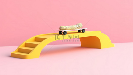 黄色粘土风格的半管滑板，在粉红色背景 3D 渲染上具有现代设计