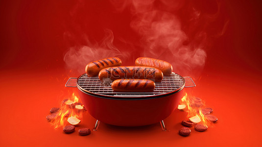 铁板里脊肉饼背景图片_火红烤架上的铁板香肠 3D 渲染