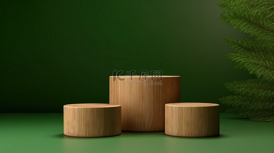 大自然最好的简约 3D 展示架，配有木缸讲台和绿色背景的有机产品