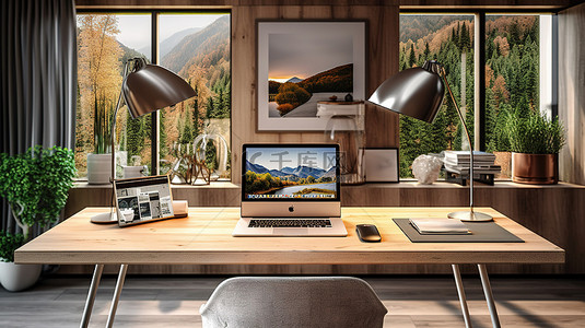 别致的家中的现代办公空间，配有双笔记本电脑模型和木桌上的台式电脑 3D 渲染