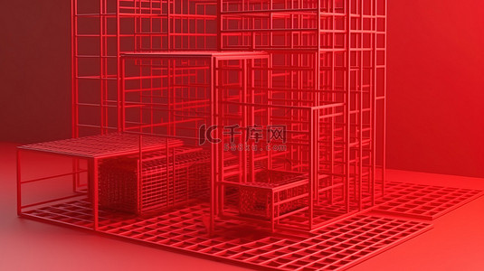 3d 渲染中的红色网格几何产品展台